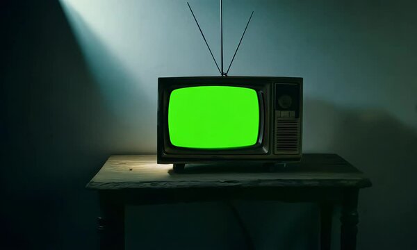 An old, vintage TV sitting on a wooden displaying a bright green screen (mov)