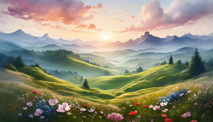 Obraz premium Rolling hills blanketed in wildflowers at sunset, distant mountains bathed in golden light