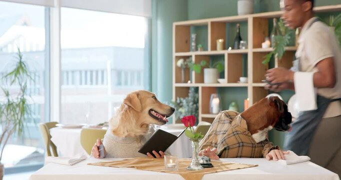 Dogs, restaurant and waiter with credit card to pay bill on date, enjoy and feast on meal. Funny, mimic and comic on animal or pet friendly as couple for relationship in table, puppy and humor