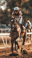 Asian Male jockey riding a racehorse on a dirt racetrack with another rider in the background. Concept of horse racing, equestrian sports, competition, professional jockey. Vertical