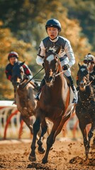 Asian Male jockey riding a racehorse on a dirt racetrack with another rider in the background. Concept of horse racing, equestrian sports, competition, professional jockey. Vertical