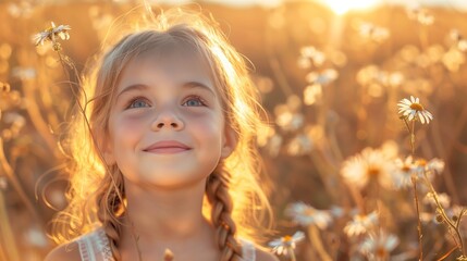 Fototapeta premium A girl stands among the tall grass in a field, bathed in the golden light of summer.