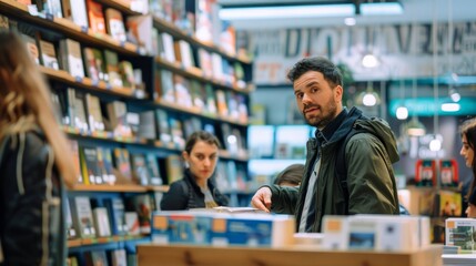 Adult man browsing through books in a crowded store, Concepts of education, casual shopping, literary culture