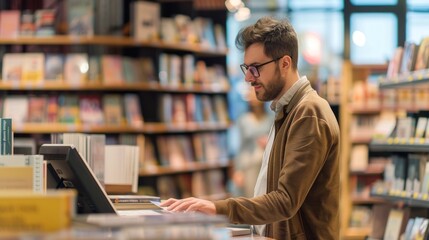Male sales consultant with glasses working at a bookstore, surrounded by shelves filled with books. Concept of retail work, customer service, and knowledge