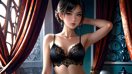 Beautiful Asian Japanese Woman wearing black or white lingerie her back pose view, big city view cityscape, fashion illustration
