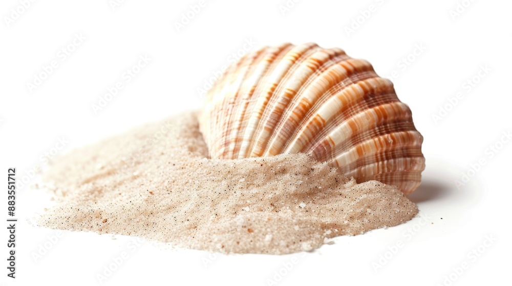 Poster a single shell sits on top of a pile of sand on a white surface