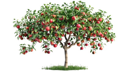 Orchard tree with ripe red apples on a transparent background