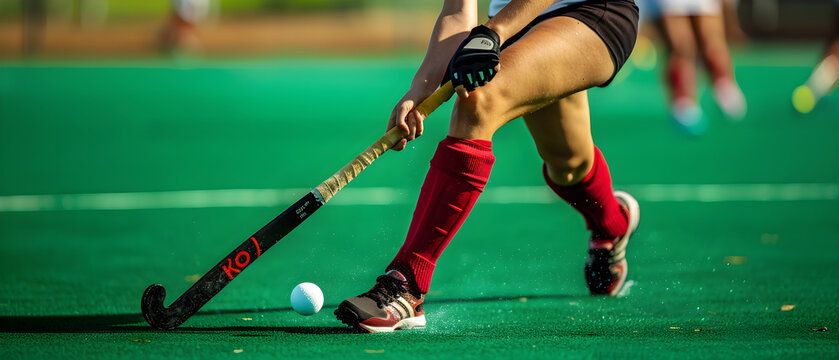 Female field hockey player in green uniform dribbling ball on field, wearing protective gear.