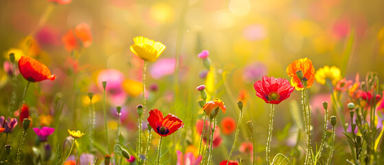 Vibrant flowers bloom in a lush field, their colors blending together in a dreamy blur.