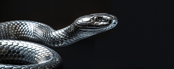 Close up shot, silver metallic snake detailed on black background, symbol of 2025, concept of technology and nature, free space for text