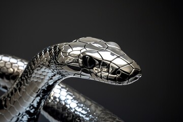 Close up shot, silver metallic snake detailed on black background, symbol of 2025, concept of technology and nature, free space for text