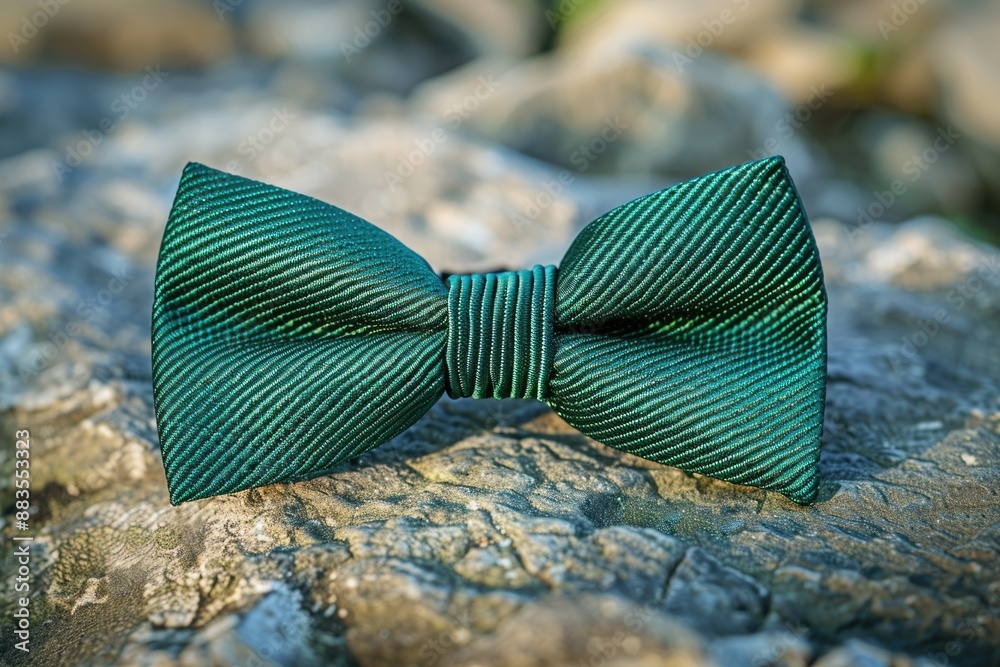Poster a small green bow tie sitting on a rocky surface, perfect for use in illustrations or designs where 
