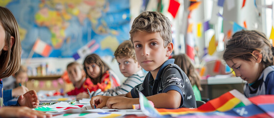 Children learning to make colorful flags in a creative workshop filled with fun and excitement.