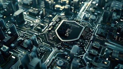 Future Tech Defense Black Shield in Sci-Fi Cityscape