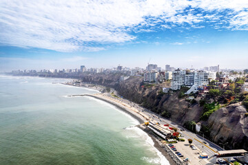 Aerial view of Lima, Peru along the coast also known as Circuito de Playas de la Costa Verde