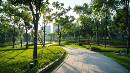 Miniature City Park: The scene showcases a meticulously designed miniature city park, featuring a mix of natural and man-made elements that create a welcoming and vibrant atmosphere.

