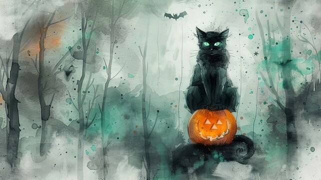 Watercolor painting of a black cat with a carved pumpkin in a spooky forest. Concept of Halloween, eerie landscape, autumn festivity, dark atmosphere, jack-o-lantern