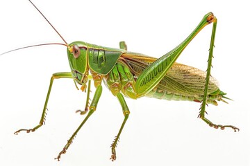 Fototapeta premium A single green grasshopper sitting on a white background