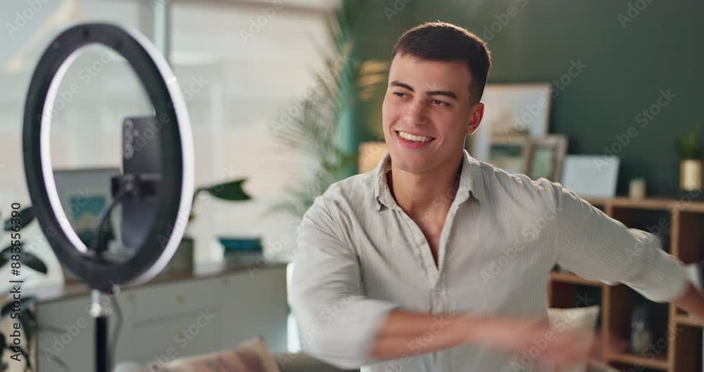 Poster phone, ring light and man with live stream, welcome and content creation for social media. streamer,