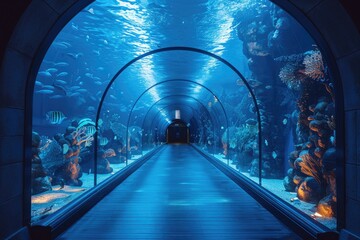 Bioluminescent Marine Life Swims Over Visitors Heads in Futuristic Aquarium Tunnel