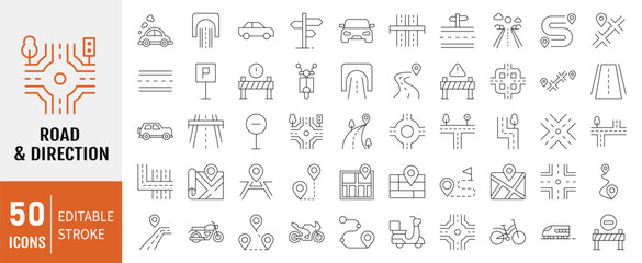 Road and direction icon set. Containing icons: Road sign, fence, highway, highway and car traffic and more. Vector illustration