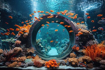 Colorful tropical fish swim around a large glass tunnel in a coral reef