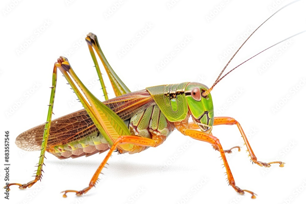 Poster a single green grasshopper sitting on a white background, with some space around it