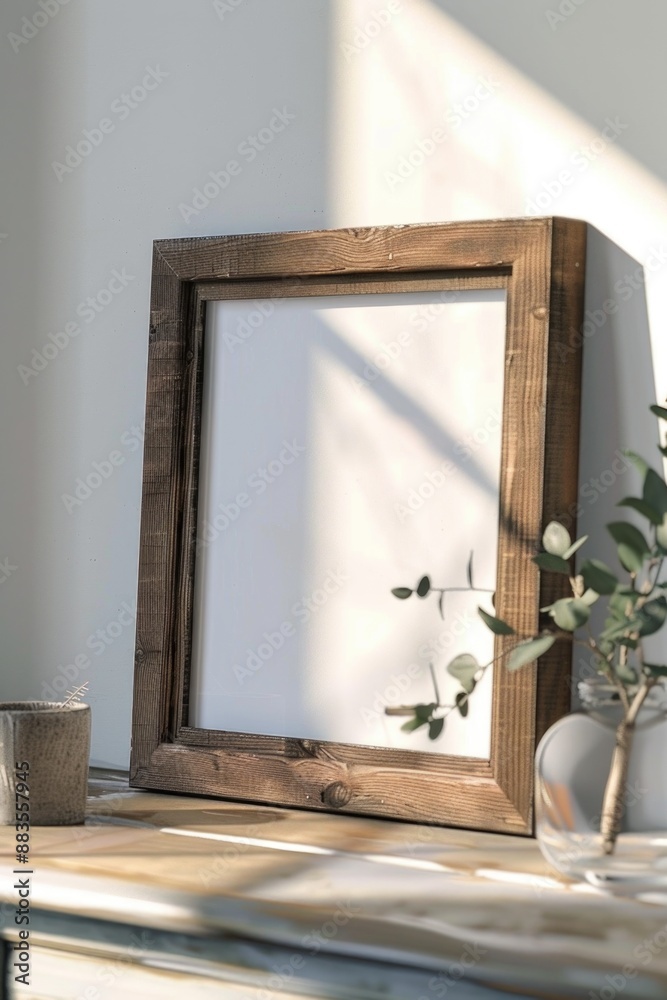 Poster a picture frame sits on top of a wooden table, simple and rustic