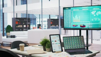 Empty insurance agency high end office in an urban space, where financial experts and bankers offer counseling for retirement planning, securing their income and family expenses.