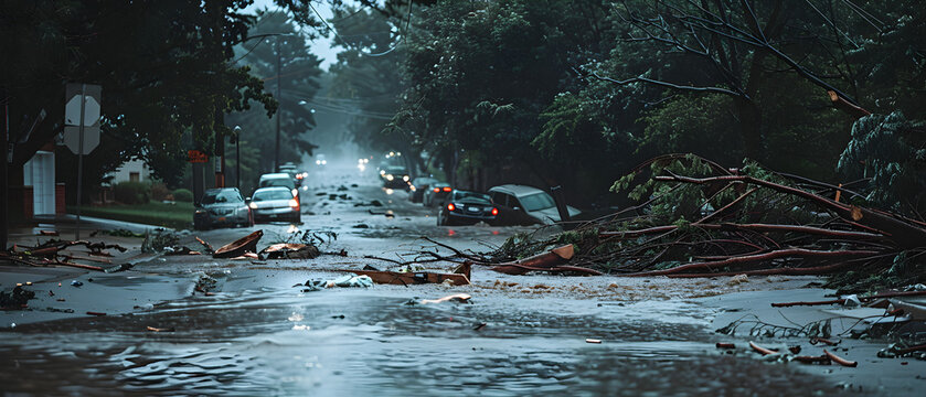 Powerful flash flood rapidly moves through area, trees and debris being uprooted and swept away.