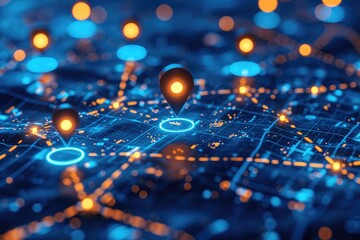 Digital map with glowing pointers showing various locations