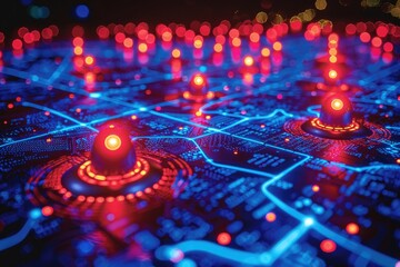 Glowing red and blue electronic circuit board with glowing red lights
