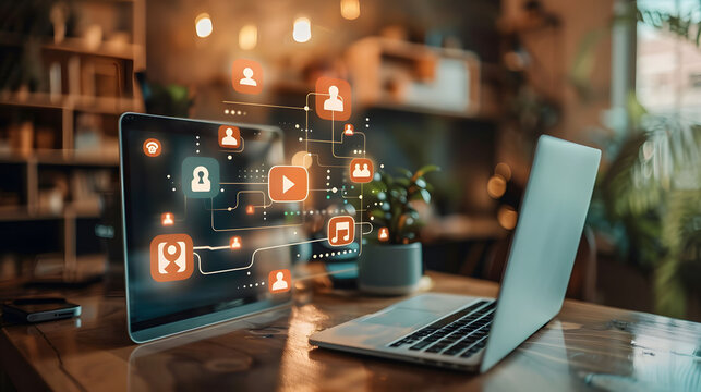 Modern laptop on wooden desk with digital icons overlay. Concept of technology, social media, and digital communication in a cozy workspace.