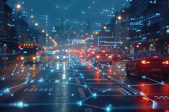 Futuristic visualization of a smart city with autonomous cars and augmented reality interface