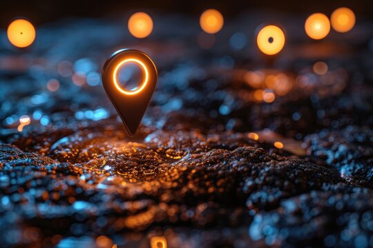 Glowing map pointer on a dark textured surface with glowing orbs in the background