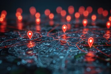 Glowing red map pointers on a dark city map background