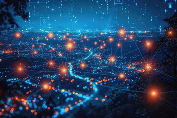 Obraz premium Glowing Cityscape Skyline at Night with Blue and Orange Lights