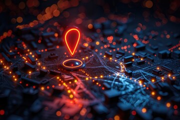 Glowing red map pointer over a dark cityscape at night