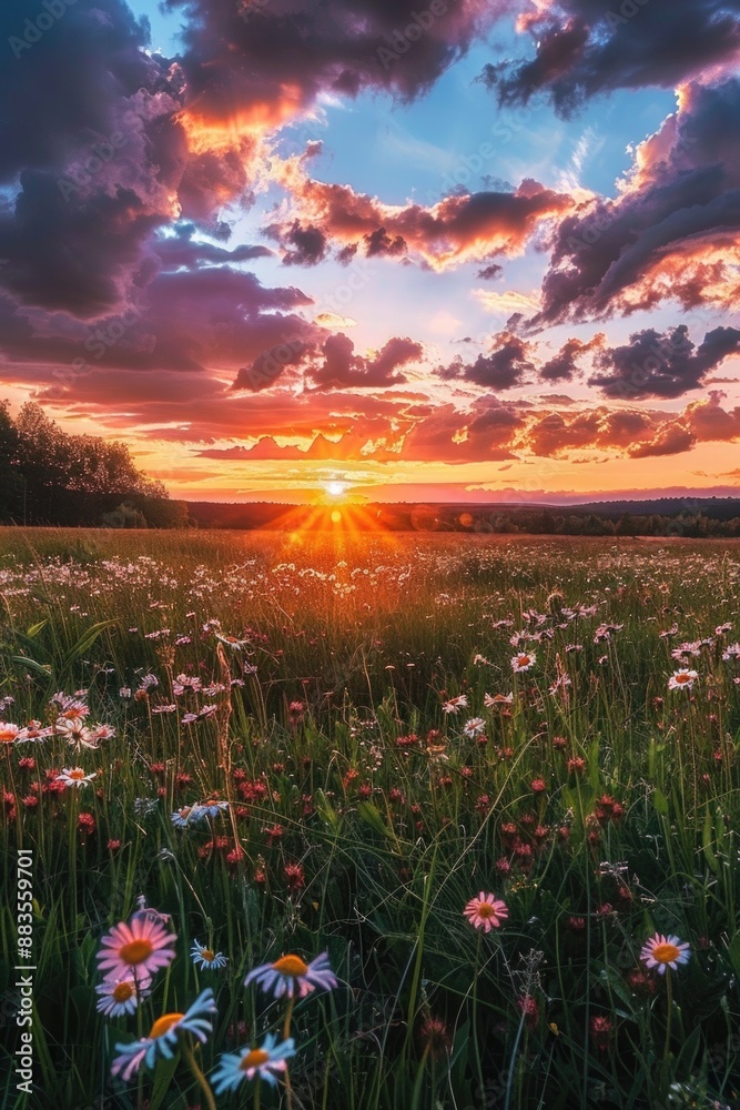 Canvas Prints A beautiful and peaceful scene with a field of colorful flowers beneath a cloudy sky