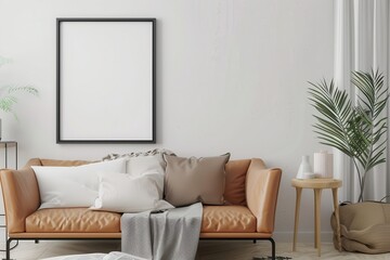 Fototapeta premium Minimalist living room interior with blank frame mockup on beige wall, brown leather sofa, houseplant, and natural sunlight. Mock up for art or photo display, home decor concept
