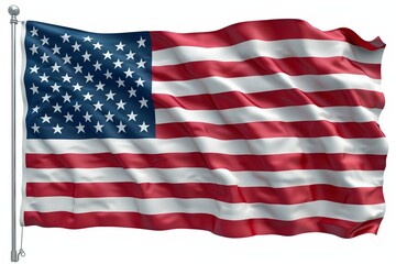 Obraz premium Waving American Flag on a Pole Against White Background