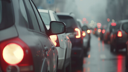 Fototapeta premium 雨の降る幹線道路にびっしりと繋がった大渋滞を描いたリアルイラスト