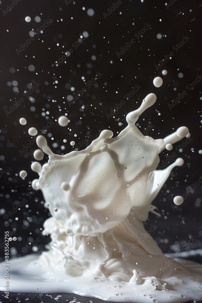 Poster a close-up shot of a splash of milk on a dark surface, great for use in food or design contexts