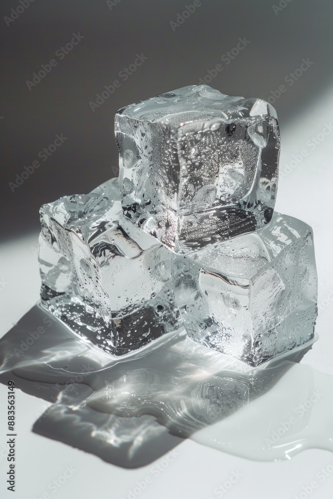 Poster a pair of ice cubes sit on a table, frozen in time