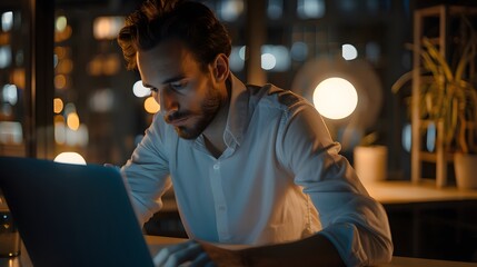 Obraz premium Man Working At Laptop In Contemporary Office. 