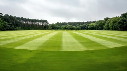 Fototapeta premium A cricket ground features a large, circular field with a central pitch for bowlers and batsmen