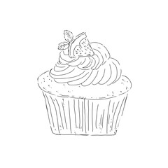 Cupcake with cream, lemon slice and mint leaves, black and white illustration