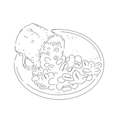 Cup with coffee beans on saucer, black and white illustration