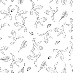 Seamless pattern with flowers, leaves and buds, black and white illustration