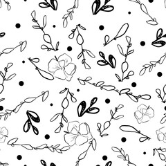 Seamless pattern with large flowers, twigs and rounded leaves, black and white illustration